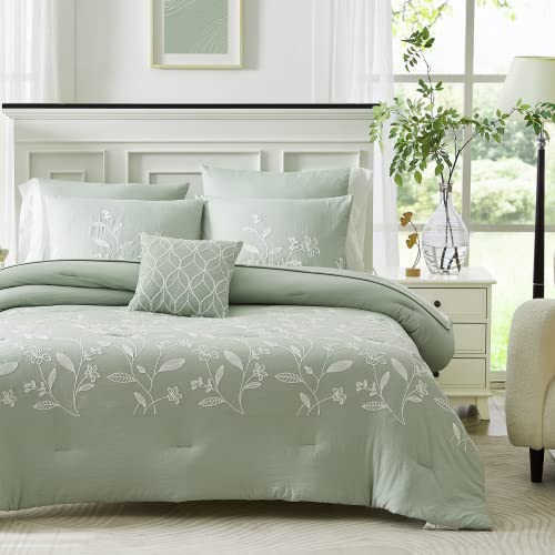 MAIREVE Sage Green Comforter Set Full Size 8 Piece, Farmhouse Floral Embroidery Bedding Set Full, All Season Bed in A Bag Full Size with Sheets, Pillowcases & Shams (Full, 80x90, Green)