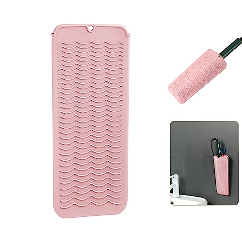 Heat Resistant Silicone Mat with Hanging Hole Style, Straightener Heat Resistant Travel Mat & Pouch for Curling Iron, Hair Straightener, Flat Iron and Other Hot Hair Styling Tools, 11X5 Inches, Pink