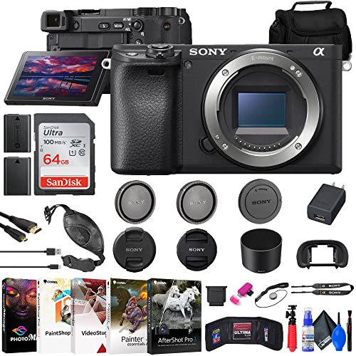 Sony a6400 Mirrorless Camera (ILCE-6400/B) + 64GB Card + NPF-W50 Battery + Card Reader + Corel Photo Software + HDMI Cable + Case + Flex Tripod + Hand Strap + Cap Keeper + More (Renewed)