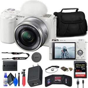 sony zv-e10 mirrorless camera with 16-50mm lens (white) (ilczv-e10l/w) + 64gb memory card + card reader + case + flex tripod + memory wallet + cap keeper + cleaning kit (renewed)
