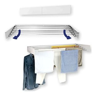 wall mounted retractable clothing drying rack. foldaway clothes rack. collapsible folding hung indoor & outdoor. space saver compact wall mount design. foldable hanging racks for laundry room (white)