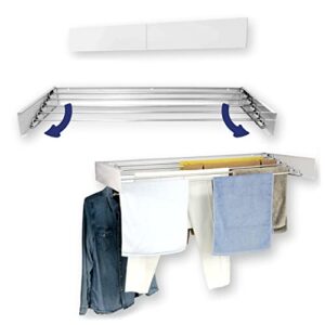 Wall mounted retractable clothing drying rack. Foldaway clothes rack. Collapsible folding hung indoor & outdoor. Space saver compact wall mount design. Foldable Hanging Racks for Laundry room (white)