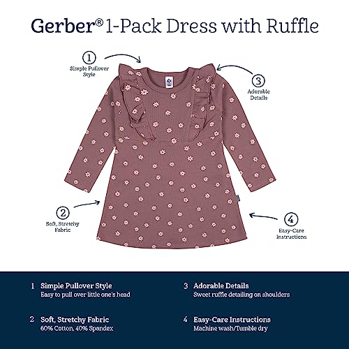 Gerber Baby Girls' Toddler Long Sleeve Dress with Ruffle Detail, Pink Daisies, 18 Months