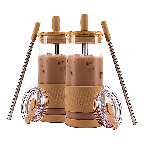 Pandaloo Glass Cups With Lids and Straws -20 Fl Oz- Perfect Size Iced Coffee Cup - Smoothie Cup With Bamboo Lid and On the go Lid - Glass Tumbler With Straw (2 Count (Pack of 1), Amber Sand)