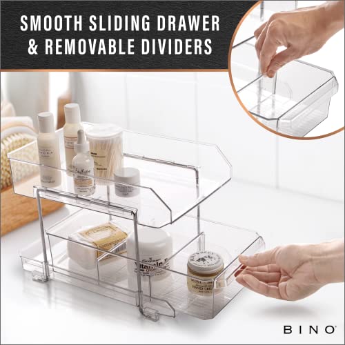 BINO 2 Tier Clear Storage Organizer with Dividers | Bottom Slide Out Drawer for Under Sink, Medicine Cabinet | Bathroom Closet, Vanity, Pantry Organizer | Under Cabinet Storage for Bathroom & Kitchen