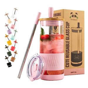 pandaloo glass cups with lids and straws -20 fl oz- perfect size iced coffee cup - smoothie cup with bamboo lid and on the go lid - glass tumbler with straw (1 count (pack of 1), tender pink)