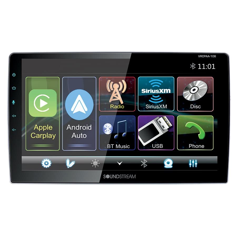 SOUNDSTREAM Double Din Car Stereo | Touchscreen 10 .6 Inch Car Radio Multimedia Player w/Apple CarPlay Android Auto Bluetooth Mirror Link | Touch 10” Car Audio Receivers Supports USB SD AUX Camera