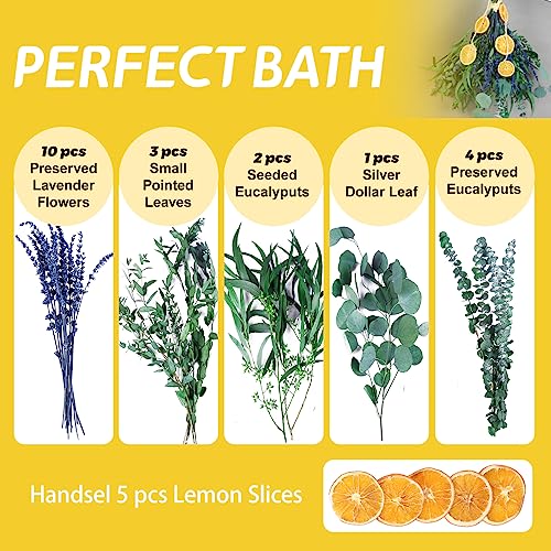 5 Kinds Mix Dried Eucalyptus & Lavender Flowers for Shower Bundle, 15''-17''Natural Real Fresh Preserved Eucalyptus Leaves and Lemon Hanging Plants, Home Bathroom Decor, Fragrance