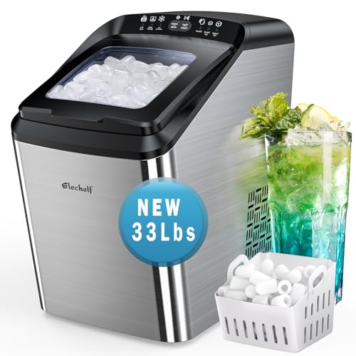 Countertop Ice Makers Countertop Ice Machine Elechelf,33Lbs/24Hr's,Bullet Icer Maker Machine,9 Pcs Cube Ready in 8-15mins with Scoop and Basket,Perfect for Home/Kitchen/Party/Office（Sliver）