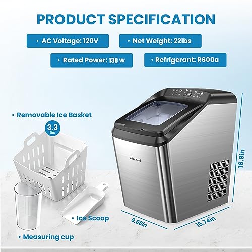 Countertop Ice Makers Countertop Ice Machine Elechelf,33Lbs/24Hr's,Bullet Icer Maker Machine,9 Pcs Cube Ready in 8-15mins with Scoop and Basket,Perfect for Home/Kitchen/Party/Office（Sliver）