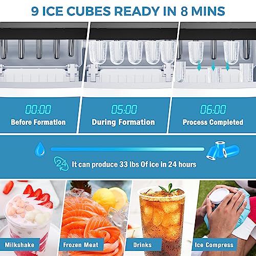 Countertop Ice Makers Countertop Ice Machine Elechelf,33Lbs/24Hr's,Bullet Icer Maker Machine,9 Pcs Cube Ready in 8-15mins with Scoop and Basket,Perfect for Home/Kitchen/Party/Office（Sliver）