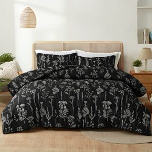 maple&stone queen floral comforter set, black bedding set 3pcs soft and durable microfiber with elegant plant flowers print bedding comforter sets - includes 2 pillowcases