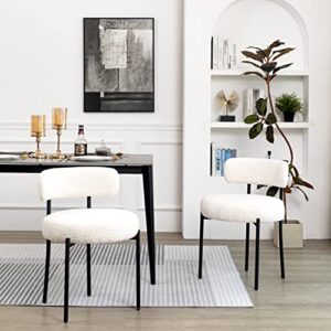 dyhome white dining chairs set of 2, mid-century modern dining chairs, kitchen dining room chairs, curved backrest round upholstered boucle dining chair with black metal legs