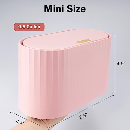 Uprony Mini Trash Can Pink with Lid 0.5 Gallon / 2L with 180 pcs Trash Bag, Tiny Trash Can Mini Bin Waste Basket, Countertop, Bedroom, Office, Vanity, Kitchen Garbage Can