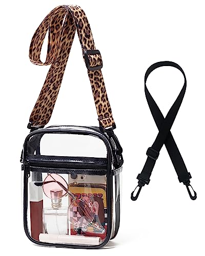 Vorspack Clear Bag Stadium Approved - PVC Clear Purse Clear Crossbody Bag with 2 Straps Clear Purses for Women Stadium Concerts Festivals - Black & Leopard Strap