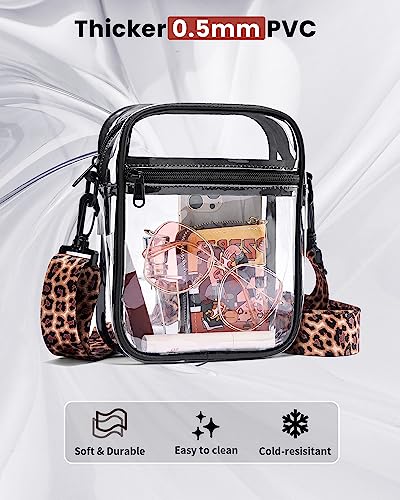 Vorspack Clear Bag Stadium Approved - PVC Clear Purse Clear Crossbody Bag with 2 Straps Clear Purses for Women Stadium Concerts Festivals - Black & Leopard Strap