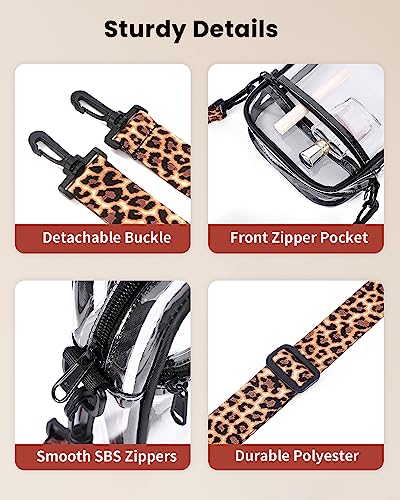 Vorspack Clear Bag Stadium Approved - PVC Clear Purse Clear Crossbody Bag with 2 Straps Clear Purses for Women Stadium Concerts Festivals - Black & Leopard Strap