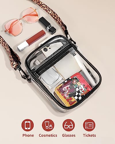 Vorspack Clear Bag Stadium Approved - PVC Clear Purse Clear Crossbody Bag with 2 Straps Clear Purses for Women Stadium Concerts Festivals - Black & Leopard Strap