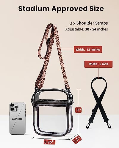 Vorspack Clear Bag Stadium Approved - PVC Clear Purse Clear Crossbody Bag with 2 Straps Clear Purses for Women Stadium Concerts Festivals - Black & Leopard Strap