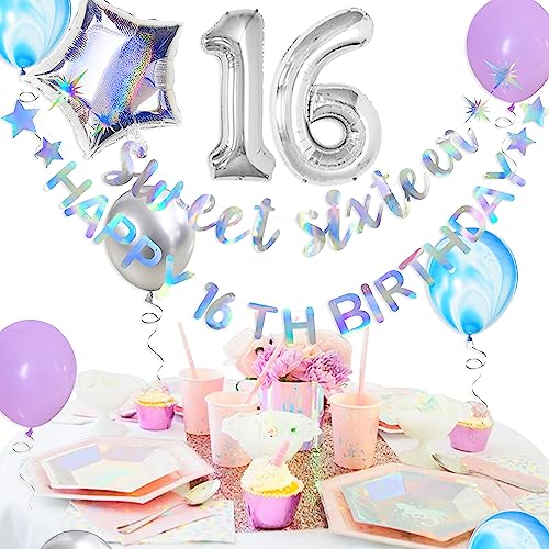 Iridescent Sweet Sixteen Happy 16th Birthday Banner Garland Foil Balloon 16 for Sweet 16 Decorations 16th Birthday Dercorations for Girls Cheers to 16 Years 16 and Fabulous Party Backdrop Supplies