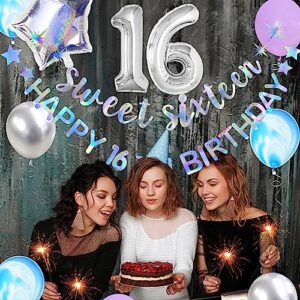 Iridescent Sweet Sixteen Happy 16th Birthday Banner Garland Foil Balloon 16 for Sweet 16 Decorations 16th Birthday Dercorations for Girls Cheers to 16 Years 16 and Fabulous Party Backdrop Supplies