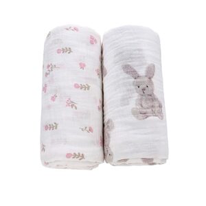miracle baby muslin swaddle blanket for girl, 47"x47" 100% cotton muslin extra-large swaddle blankets, muslin swaddling wrap neutral receiving blanket for newborn, 2 pack, rabbit + flower