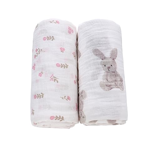 Miracle Baby Muslin Swaddle Blanket for Girl, 47"x47" 100% Cotton Muslin Extra-Large Swaddle Blankets, Muslin Swaddling Wrap Neutral Receiving Blanket for Newborn, 2 Pack, Rabbit + Flower