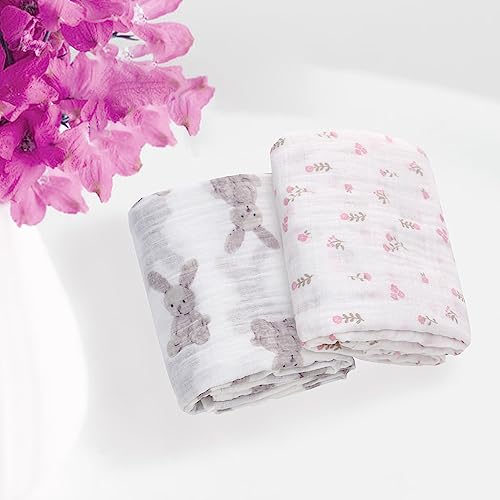 Miracle Baby Muslin Swaddle Blanket for Girl, 47"x47" 100% Cotton Muslin Extra-Large Swaddle Blankets, Muslin Swaddling Wrap Neutral Receiving Blanket for Newborn, 2 Pack, Rabbit + Flower