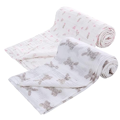 Miracle Baby Muslin Swaddle Blanket for Girl, 47"x47" 100% Cotton Muslin Extra-Large Swaddle Blankets, Muslin Swaddling Wrap Neutral Receiving Blanket for Newborn, 2 Pack, Rabbit + Flower