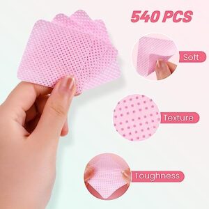 Lint Free Nail Wipes, Nail Polish Remover Pads 540PCS Eyelash Extension Wipes, Soft Non-Woven Acetone Nail Polish Remover Pads Nail Wipes for Nail Prep and Gel Polish Remover, Pink