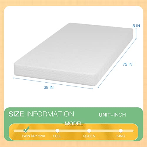 PayLessHere 8 inch Memory Foam Mattress Cooling Gel Green Tea Infused Mattress,Fiberglass Free,CertiPUR-US Certified,Breathable Bed Mattress for Cooler Sleep Supportive & Pressure Relief,White Twin