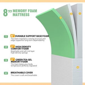 PayLessHere 8 inch Memory Foam Mattress Cooling Gel Green Tea Infused Mattress,Fiberglass Free,CertiPUR-US Certified,Breathable Bed Mattress for Cooler Sleep Supportive & Pressure Relief,White Twin