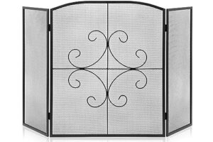 gtongoko 3 panel fireplace screen 48" w x 29" h wrought iron decorative fire spark guard grate for living room home decor - black