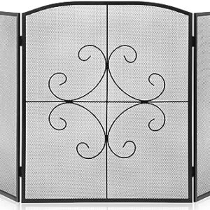 Gtongoko 3 Panel Fireplace Screen 48" W x 29" H Wrought Iron Decorative Fire Spark Guard Grate for Living Room Home Decor - Black