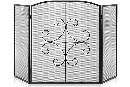 Gtongoko 3 Panel Fireplace Screen 48" W x 29" H Wrought Iron Decorative Fire Spark Guard Grate for Living Room Home Decor - Black