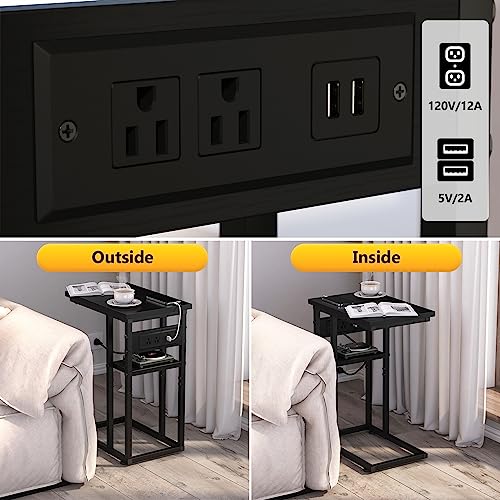 C Table End Table with Charging Station, 2 Tier C Shaped Side Table Bedside Tables with Power Outlets & USB Ports for Living Room Bedroom, C Shaped Sofa Couch Snack Tables for Small Space, Black