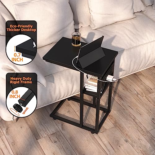 C Table End Table with Charging Station, 2 Tier C Shaped Side Table Bedside Tables with Power Outlets & USB Ports for Living Room Bedroom, C Shaped Sofa Couch Snack Tables for Small Space, Black