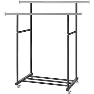 vicerii double clothing rack, heavy duty clothes rack with wheels and extra wide bottom shelf, 52.36’’ garment racks for hanging clothes, coats, shirts, skirts, dresses, 130lb capacity, black