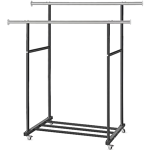 VICERII Double Clothing Rack, Heavy Duty Clothes Rack with Wheels and Extra Wide Bottom Shelf, 52.36’’ Garment Racks for Hanging Clothes, Coats, Shirts, Skirts, Dresses, 130LB Capacity, Black