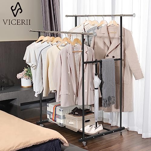 VICERII Double Clothing Rack, Heavy Duty Clothes Rack with Wheels and Extra Wide Bottom Shelf, 52.36’’ Garment Racks for Hanging Clothes, Coats, Shirts, Skirts, Dresses, 130LB Capacity, Black