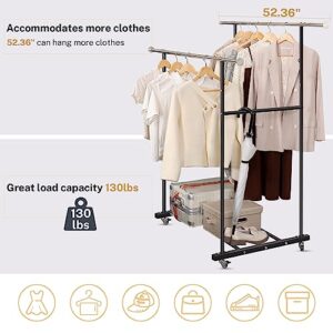 VICERII Double Clothing Rack, Heavy Duty Clothes Rack with Wheels and Extra Wide Bottom Shelf, 52.36’’ Garment Racks for Hanging Clothes, Coats, Shirts, Skirts, Dresses, 130LB Capacity, Black