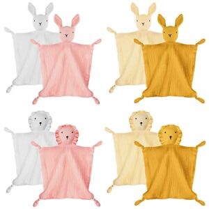 mixweer 8 pieces bunny lovey blankets for babies organic cotton muslin blankets soft lion blanket security breathable lovie towel for infant and newborn