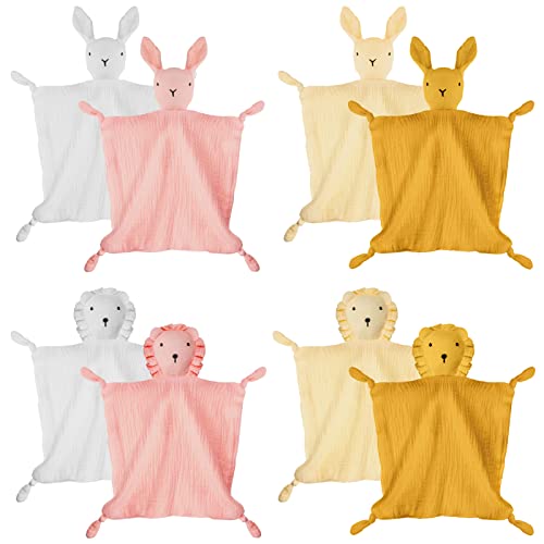 Mixweer 8 Pieces Bunny Lovey Blankets for Babies Organic Cotton Muslin Blankets Soft Lion Blanket Security Breathable Lovie Towel for Infant and Newborn