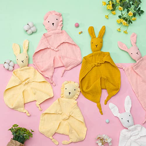 Mixweer 8 Pieces Bunny Lovey Blankets for Babies Organic Cotton Muslin Blankets Soft Lion Blanket Security Breathable Lovie Towel for Infant and Newborn