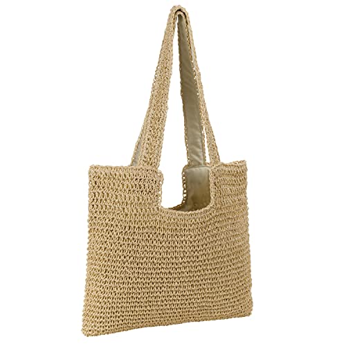 Finnhomy Handmade Straw Beach Bag Large Capacity Women Woven Tote Bag Super light Hobo Bag Shoulder Bag for Beach Picnic Summer Vacation, Beige