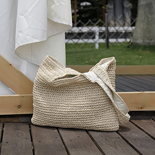 Finnhomy Handmade Straw Beach Bag Large Capacity Women Woven Tote Bag Super light Hobo Bag Shoulder Bag for Beach Picnic Summer Vacation, Beige