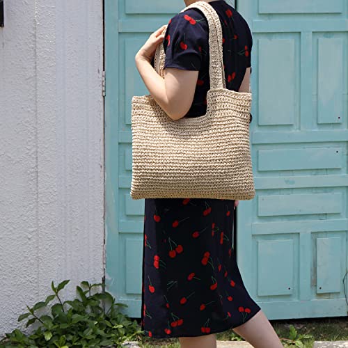 Finnhomy Handmade Straw Beach Bag Large Capacity Women Woven Tote Bag Super light Hobo Bag Shoulder Bag for Beach Picnic Summer Vacation, Beige