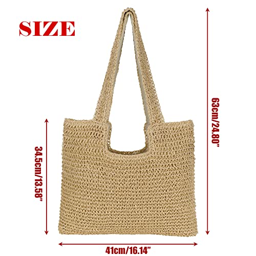 Finnhomy Handmade Straw Beach Bag Large Capacity Women Woven Tote Bag Super light Hobo Bag Shoulder Bag for Beach Picnic Summer Vacation, Beige