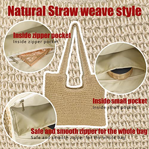 Finnhomy Handmade Straw Beach Bag Large Capacity Women Woven Tote Bag Super light Hobo Bag Shoulder Bag for Beach Picnic Summer Vacation, Beige