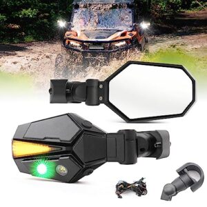 co light utv side rear view mirrors led light aluminium white green lights with amber turn signal, tube clamp, fits 1.5-2 inch roll cage bar, compatible with side by side rzr pioneer rhino wolverine